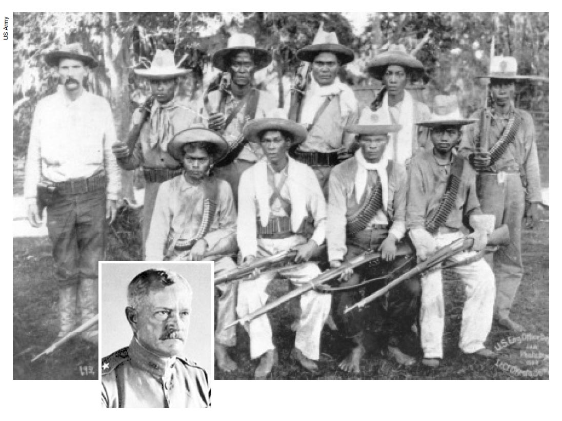 Filipino scouts and their officer during the Philippine Insurrection. (<em>Inset</em>) Brigadier General John J. Pershing.